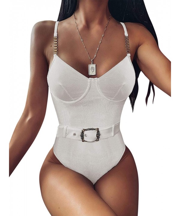 Women's Sexy Push Up One Piece Swimsuit Buckle Belt High Cut Swimwear Bathing Suit Monokini - White - CR198KNISHG $26.98-One-...