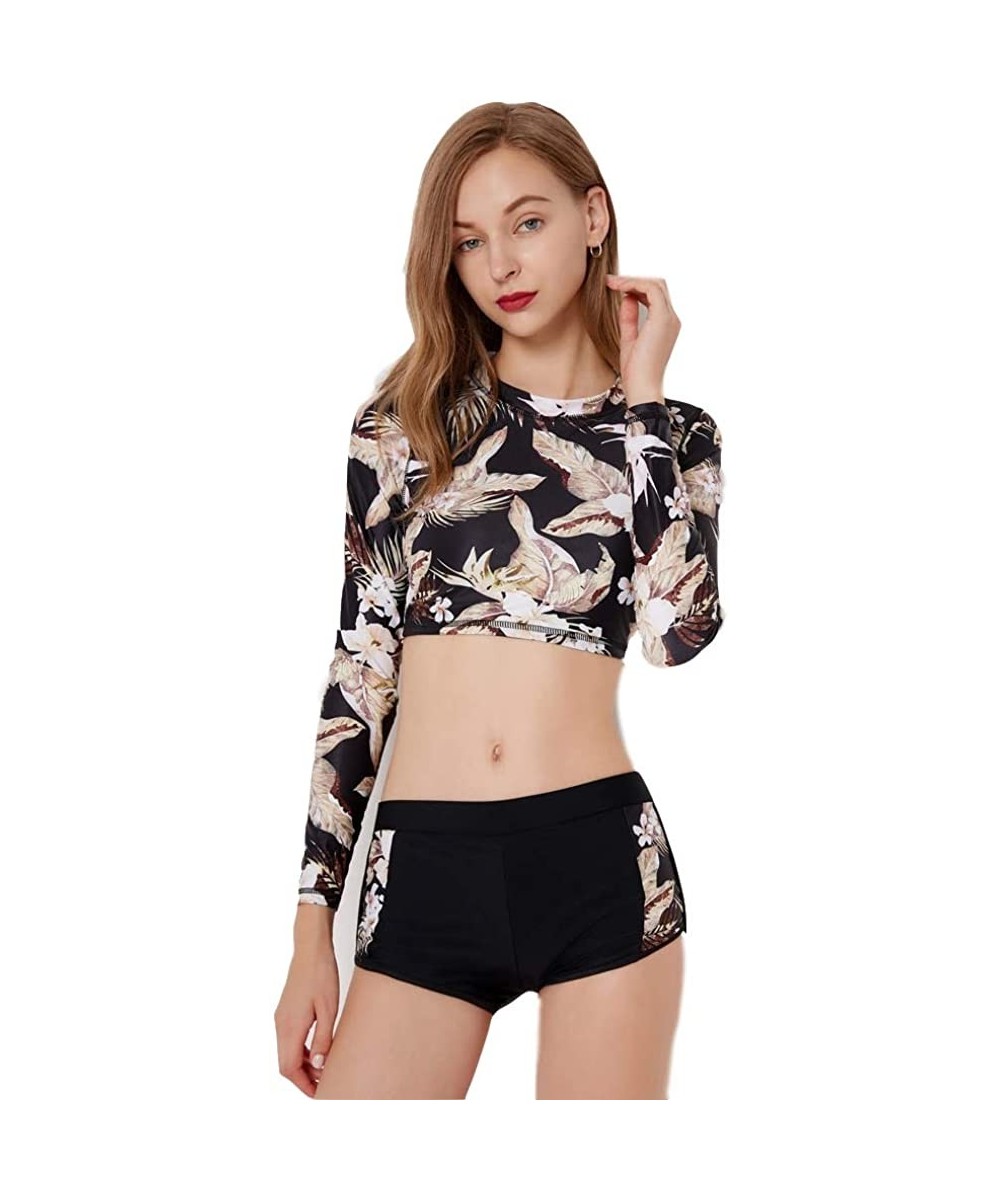 Women Long Sleeve Boyshort Rashguard Swimwear Surfing Athletic Fashion Two Piece Swimsuit Bathing Suit - 4 - CE18QCEEYZL $18....