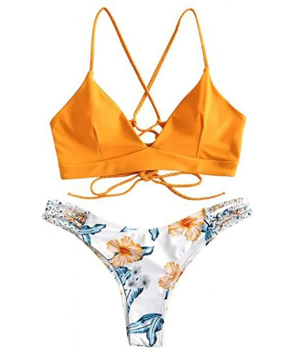 Women's Swinsuits Flower Print Two Piece Swimwear Padded Bathing Suits Adjustable Straps Bikini Set - Orange - CP194X2Q5SC $1...