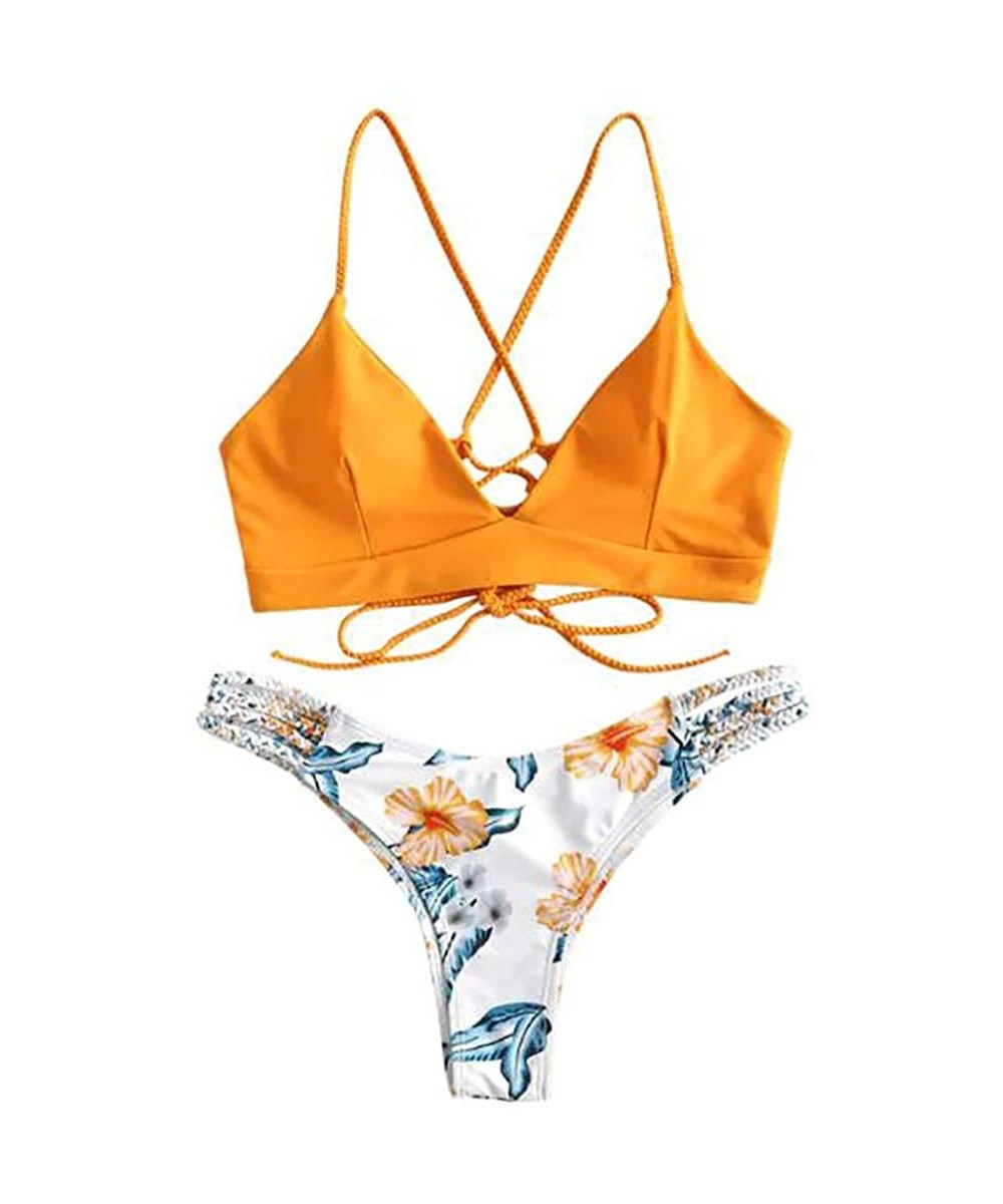 Women's Swinsuits Flower Print Two Piece Swimwear Padded Bathing Suits Adjustable Straps Bikini Set - Orange - CP194X2Q5SC $1...