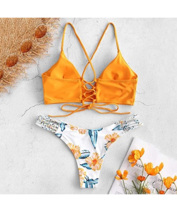 Women's Swinsuits Flower Print Two Piece Swimwear Padded Bathing Suits Adjustable Straps Bikini Set - Orange - CP194X2Q5SC $1...