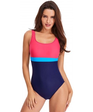 Women One Piece Swimsuits Athletic Racing Training Sports Bathing Suit Color Block Swimwear - Pink & Navy - CL18NRC4MN7 $25.5...