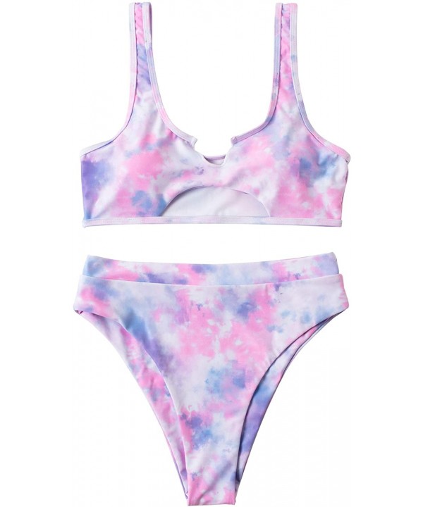 Women Cutout Cheeky High Waisted Tie Dye Sporty 2 Piece Bikini - Pink - CU198W89WEU $22.93-Sets