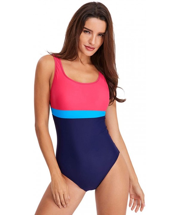 Women One Piece Swimsuits Athletic Racing Training Sports Bathing Suit Color Block Swimwear - Pink & Navy - CL18NRC4MN7 $25.5...