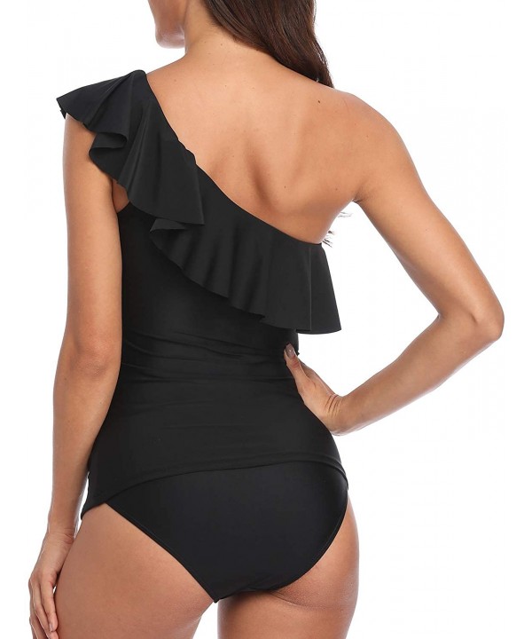 Womens One Shoulder Slimming Tankini Swimsuit Ruffle Two Piece Swimwear Strapless Swim Suit - Black - CM192SUKSTH $27.67-One-...