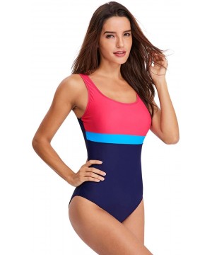 Women One Piece Swimsuits Athletic Racing Training Sports Bathing Suit Color Block Swimwear - Pink & Navy - CL18NRC4MN7 $25.5...