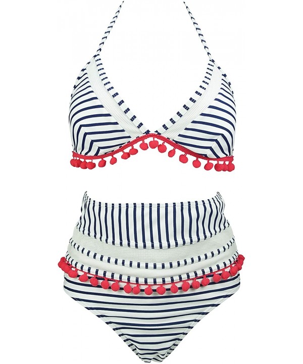 Women's Mesh Striped High Waist Bikini Set Tassel Trim Top Halter Straps Swimsuit(FBA) - Navy Stripe - CB18QQ896WM $32.43-Sets