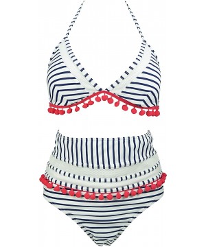 Women's Mesh Striped High Waist Bikini Set Tassel Trim Top Halter Straps Swimsuit(FBA) - Navy Stripe - CB18QQ896WM $32.43-Sets