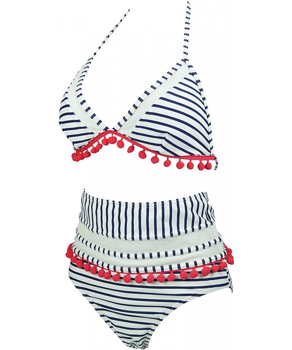 Women's Mesh Striped High Waist Bikini Set Tassel Trim Top Halter Straps Swimsuit(FBA) - Navy Stripe - CB18QQ896WM $32.43-Sets