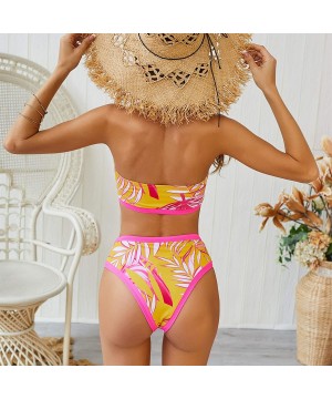 Women's Bandeau Smocked Bikini Two Piece Strapless Bikini Tropical Leaf Bathing Suit High Waist Swimsuit Swimwear Pink - C118...