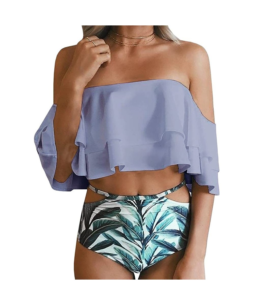 Womens Off Shoulder Ruffled Flounce 2 Piece Bikini Swimsuit High Waisted Print Cut Out Bathing Suit - Purple - CQ18NDD0I88 $3...