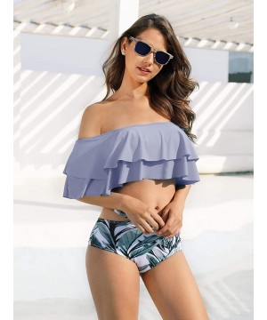 Womens Off Shoulder Ruffled Flounce 2 Piece Bikini Swimsuit High Waisted Print Cut Out Bathing Suit - Purple - CQ18NDD0I88 $3...