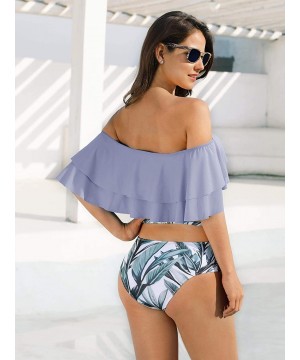 Womens Off Shoulder Ruffled Flounce 2 Piece Bikini Swimsuit High Waisted Print Cut Out Bathing Suit - Purple - CQ18NDD0I88 $3...