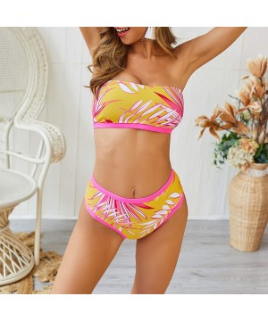 Women's Bandeau Smocked Bikini Two Piece Strapless Bikini Tropical Leaf Bathing Suit High Waist Swimsuit Swimwear Pink - C118...