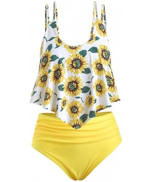 Sunflower Tankini Swimsuits- High Waisted Swim Bottom with Ruffle Bandeau Top Beach Bikini Hot Boho Swimwear Only Left - 132b...