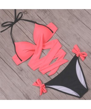 Women's Two Piece Bikini Halter Bandage Floral Printing Bottom Swimsuits - Red1 - CT18S7M54DC $18.51-Sets