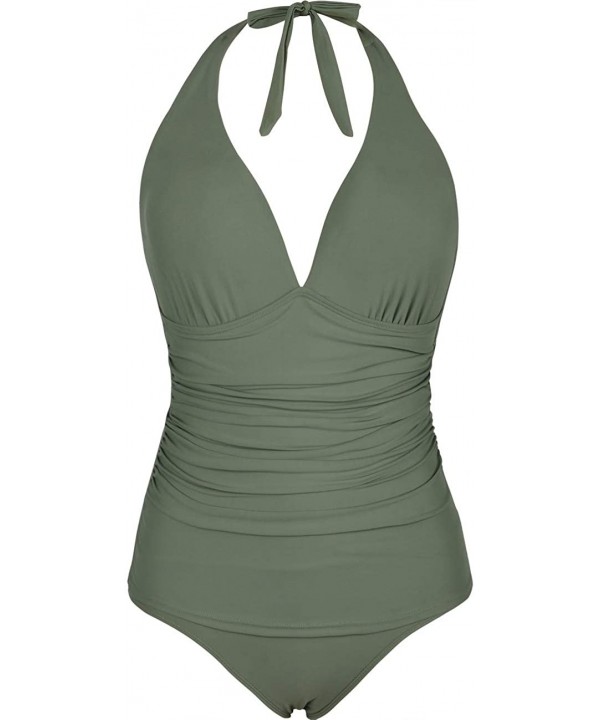 Women's Halter One Piece Swimsuits Shirred Tummy Control Swimwear Skirted Bathing Suits Monokinis - Army Green - CC18NZS2G6H ...