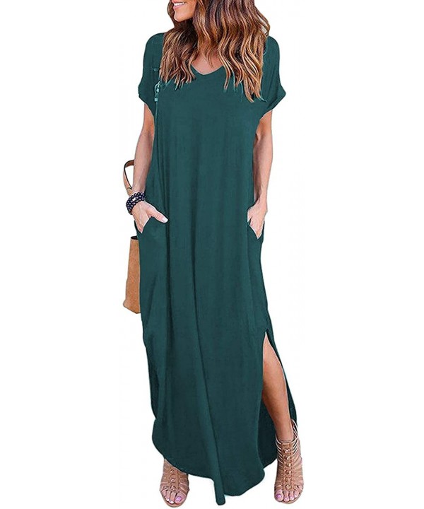 Women Maxi Dress Short Sleeve Side Split Loose Casual Summer Long Dress - Dark Green - C218RYW455I $38.00-Cover-Ups