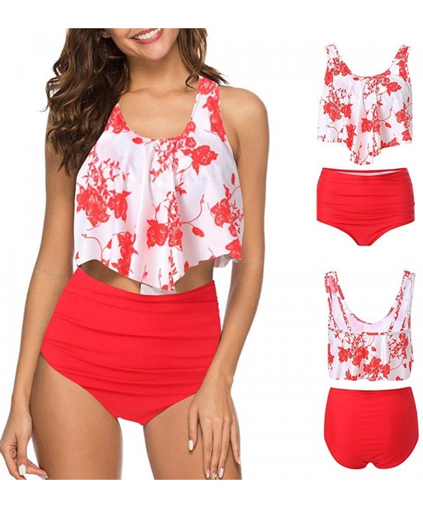 Ruffle Swimsuits for Women High Waisted Two Piece Bathing Suits Off Shoulder Swimwear Ruffled Bikini Set - C-red - CO199L0HDY...