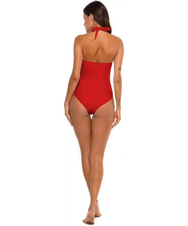 Womens One Piece Swimsuit Tummy Control Bathing Suit Halter Neck Ruched Swimwear - Red - CI1936SDQGN $25.33-Sets