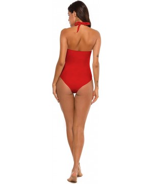 Womens One Piece Swimsuit Tummy Control Bathing Suit Halter Neck Ruched Swimwear - Red - CI1936SDQGN $25.33-Sets