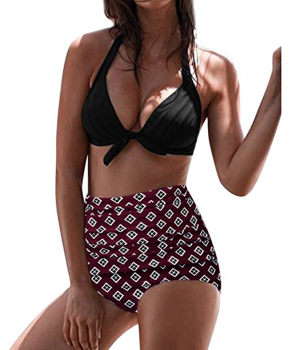 Women High Waist Bikinis Swimwear Swimuit Female Retro Beachewear Bikini Set - Winered -1 - CE18R0MTCD8 $12.55-Sets