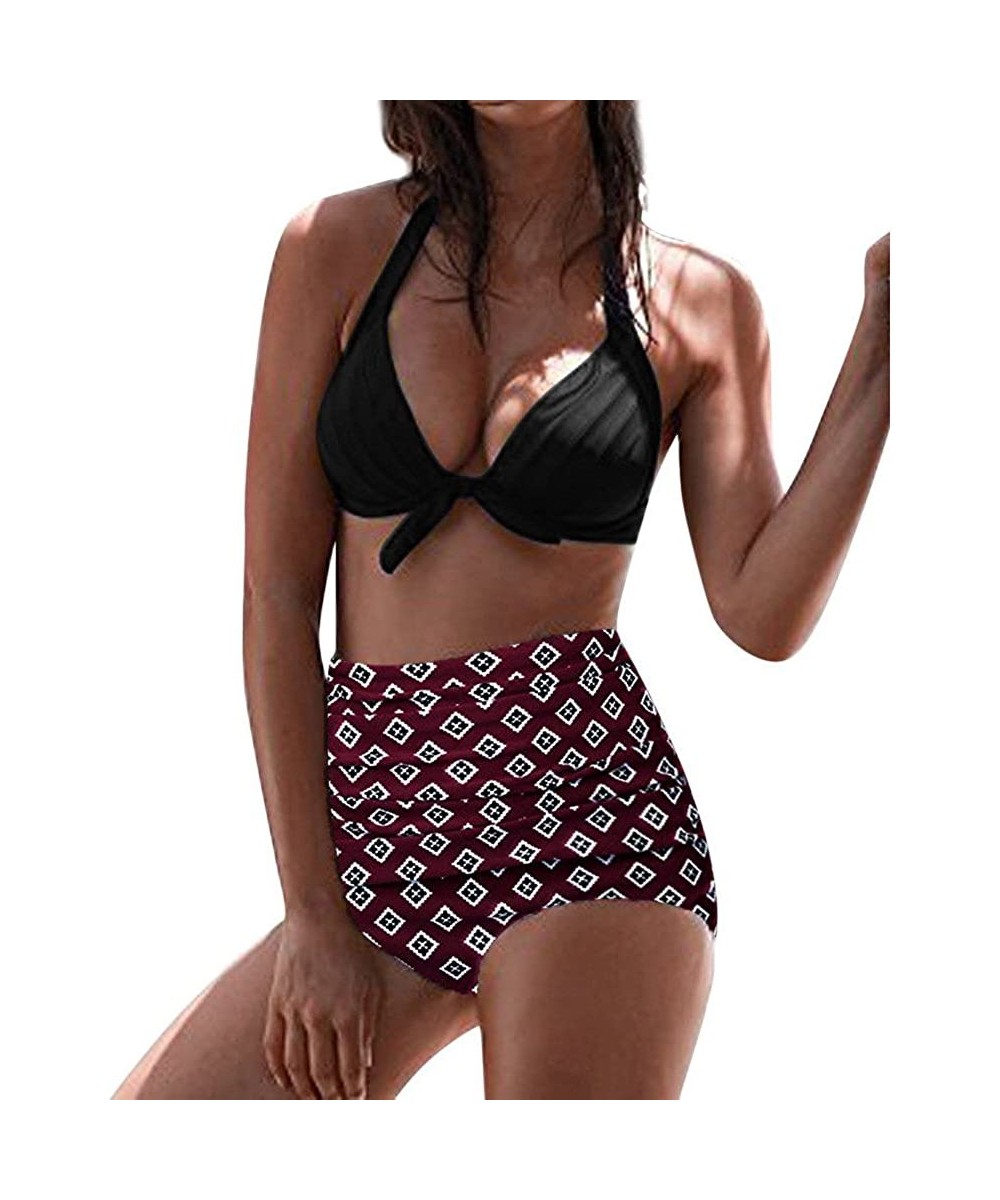 Women High Waist Bikinis Swimwear Swimuit Female Retro Beachewear Bikini Set - Winered -1 - CE18R0MTCD8 $12.55-Sets