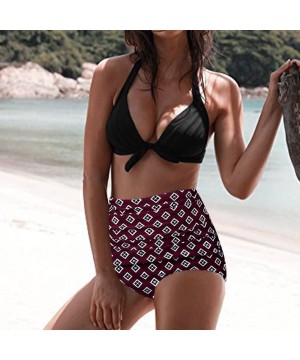 Women High Waist Bikinis Swimwear Swimuit Female Retro Beachewear Bikini Set - Winered -1 - CE18R0MTCD8 $12.55-Sets