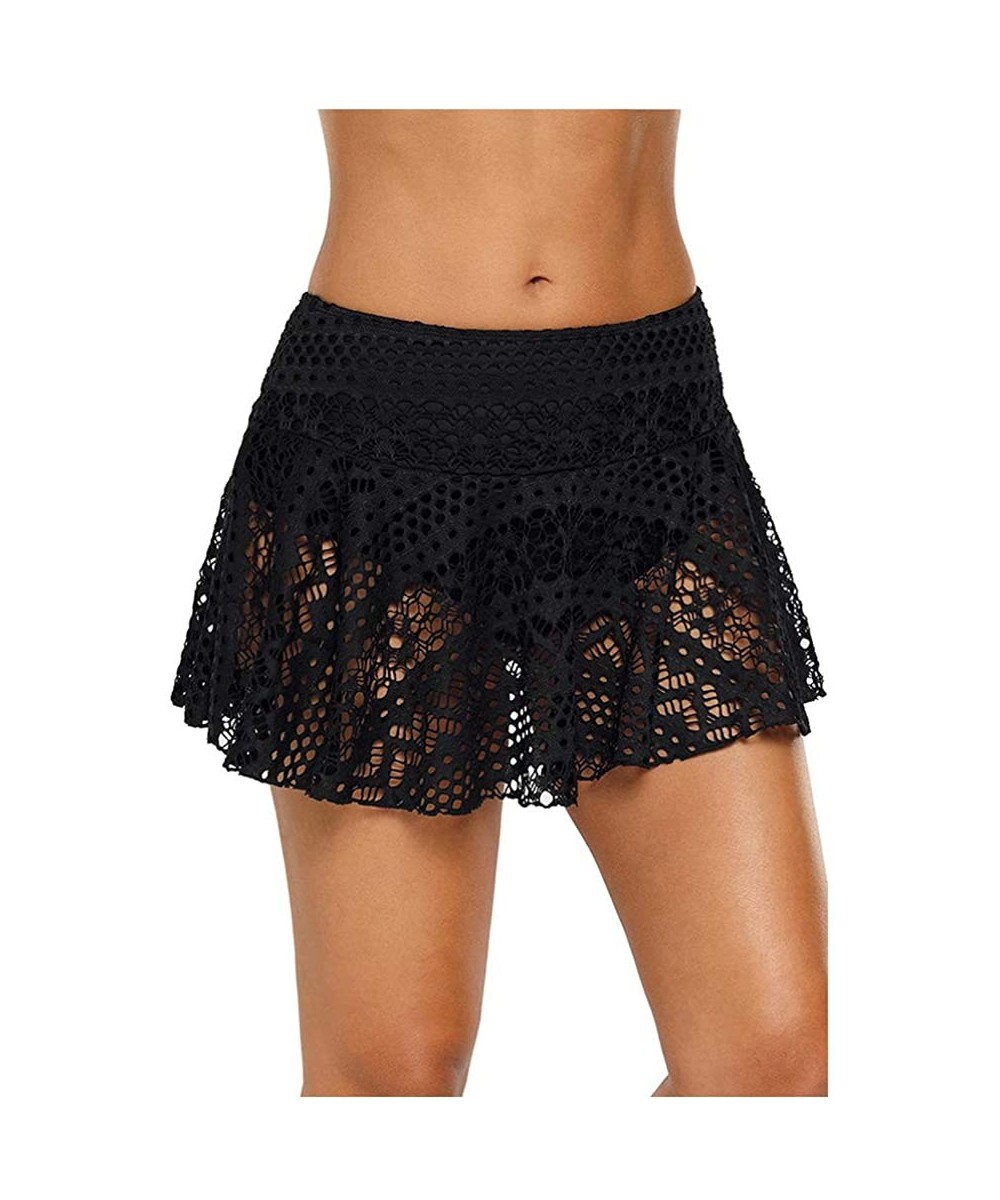 Womens Swim Skirt Lace Crochet Skort Swimdress Bikini Bottom - Black - CS195XQ7OTG $23.21-Tankinis