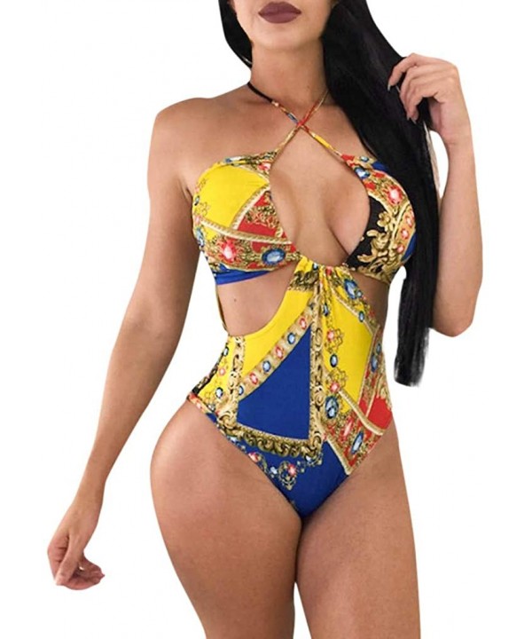 Jumpsuit for Women Swimsuit Bohemian Print Vintage Crossover Halter Backless Sexy Bathing Suit - Yellow - C818RGAH6TS $14.36-...