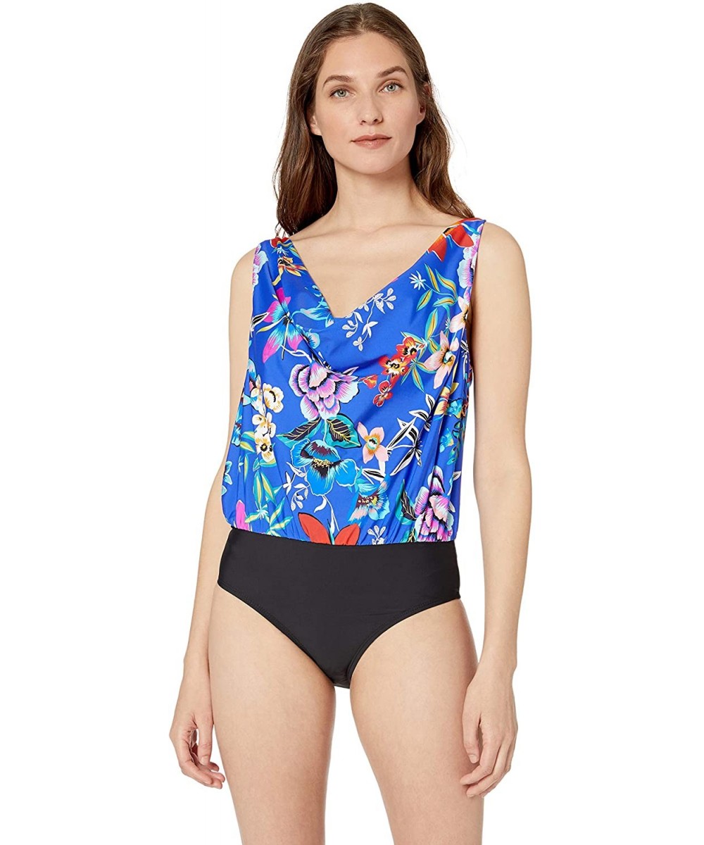 Athena Women's Cowl Neck Blouson One Piece Swimsuit with Tummy Control - Mexicana Floral Blue/Multi - CC18HMTLY9K $44.01-One-...