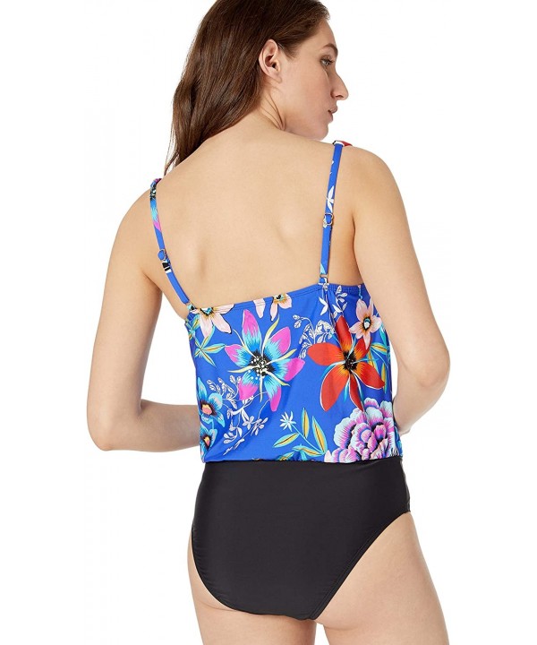 Athena Women's Cowl Neck Blouson One Piece Swimsuit with Tummy Control - Mexicana Floral Blue/Multi - CC18HMTLY9K $44.01-One-...