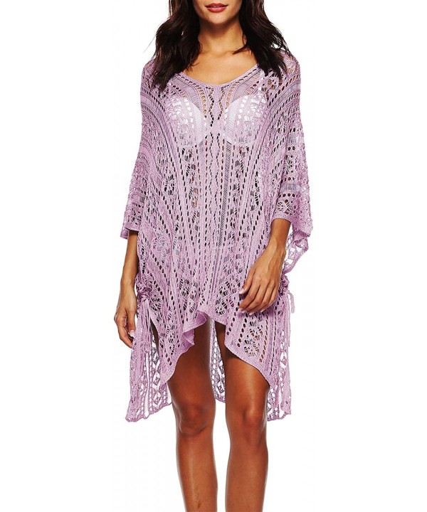 Women's Plus Size V-Neck Crochet Knitted Loose Tunic Swimsuit Cover Ups Swimwear Beach Dress - Lilac - C618OAU7OGE $20.76-Cov...