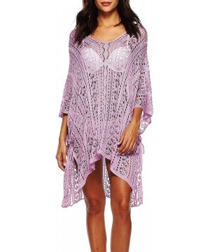 Women's Plus Size V-Neck Crochet Knitted Loose Tunic Swimsuit Cover Ups Swimwear Beach Dress - Lilac - C618OAU7OGE $20.76-Cov...