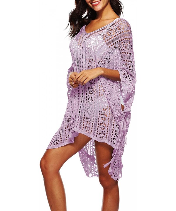 Women's Plus Size V-Neck Crochet Knitted Loose Tunic Swimsuit Cover Ups Swimwear Beach Dress - Lilac - C618OAU7OGE $20.76-Cov...