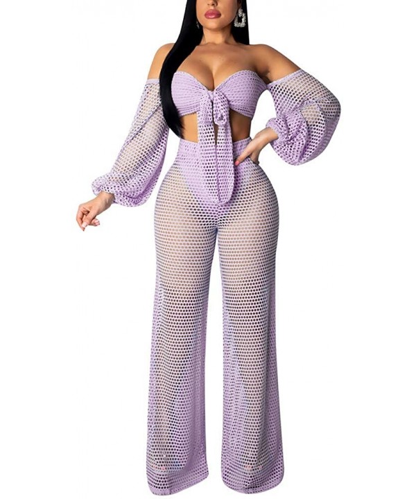 Women's Two Piece Outfits Mesh Beach Bikini Swimsuit Cover up Off Shoulder Crop Top Wide Leg Long Pants Set Purple 147 - CA18...