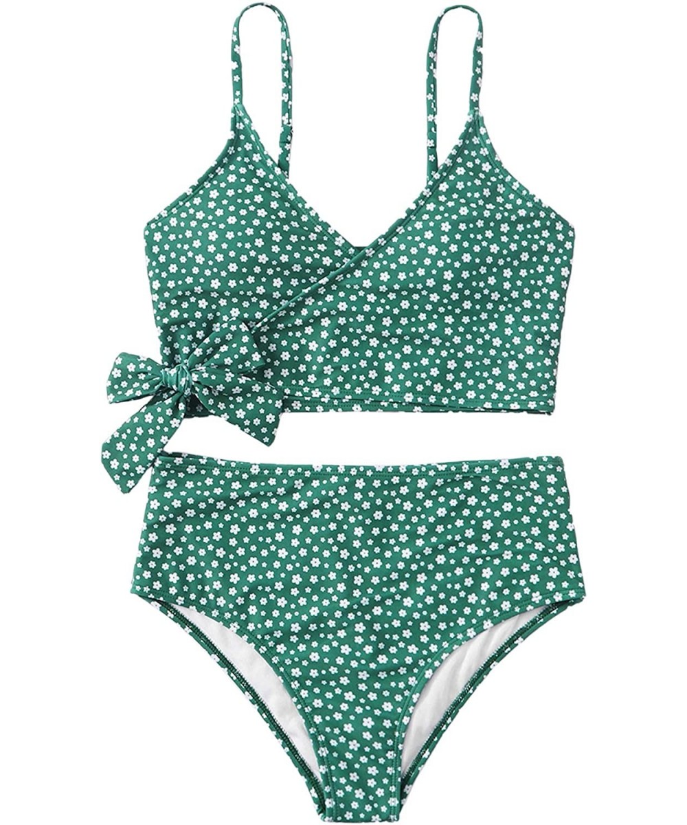 Women's Two Pieces Swimsuit Solid Color Tie Side Top High Waisted Bikini Set - Green-2 - C019CAOREO9 $23.02-Sets