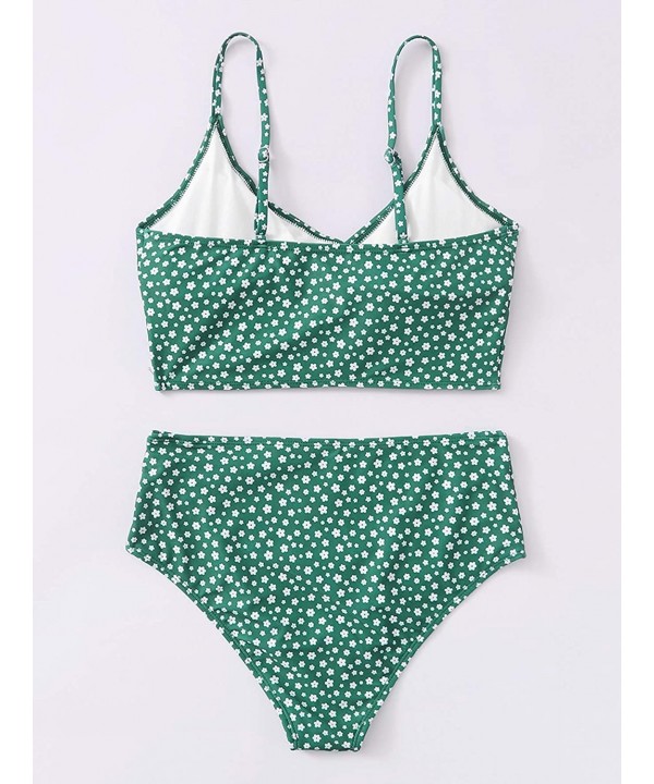 Women's Two Pieces Swimsuit Solid Color Tie Side Top High Waisted Bikini Set - Green-2 - C019CAOREO9 $23.02-Sets