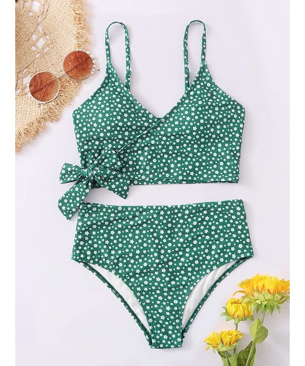 Women's Two Pieces Swimsuit Solid Color Tie Side Top High Waisted Bikini Set - Green-2 - C019CAOREO9 $23.02-Sets