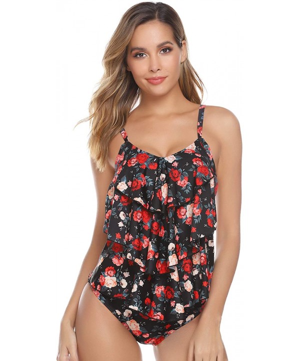 Women Bathing Suit Tankini Swimsuits Vintage Floral Ruffled Two Piece Swimwear - Black Floral - CN18U24WXZ8 $18.88-Sets