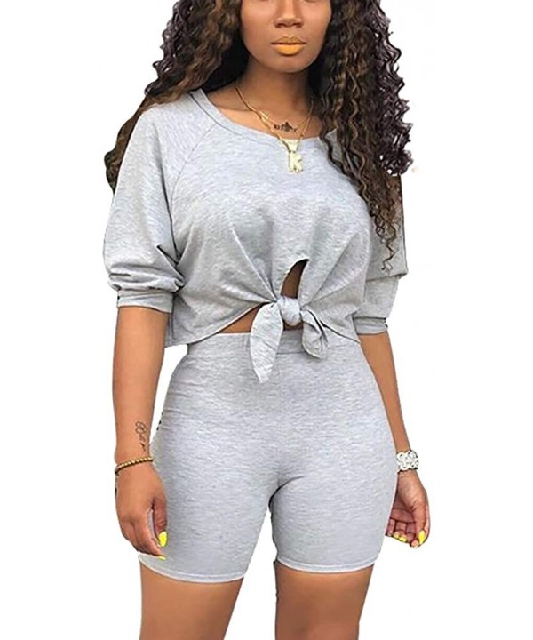 2 Piece Outfits for Women - Sexy Two Piece Sets Tie Front Crop Top + Skinny Pants Jumpsuits - Grey-1 - CF18UXNI3XS $27.72-Sets