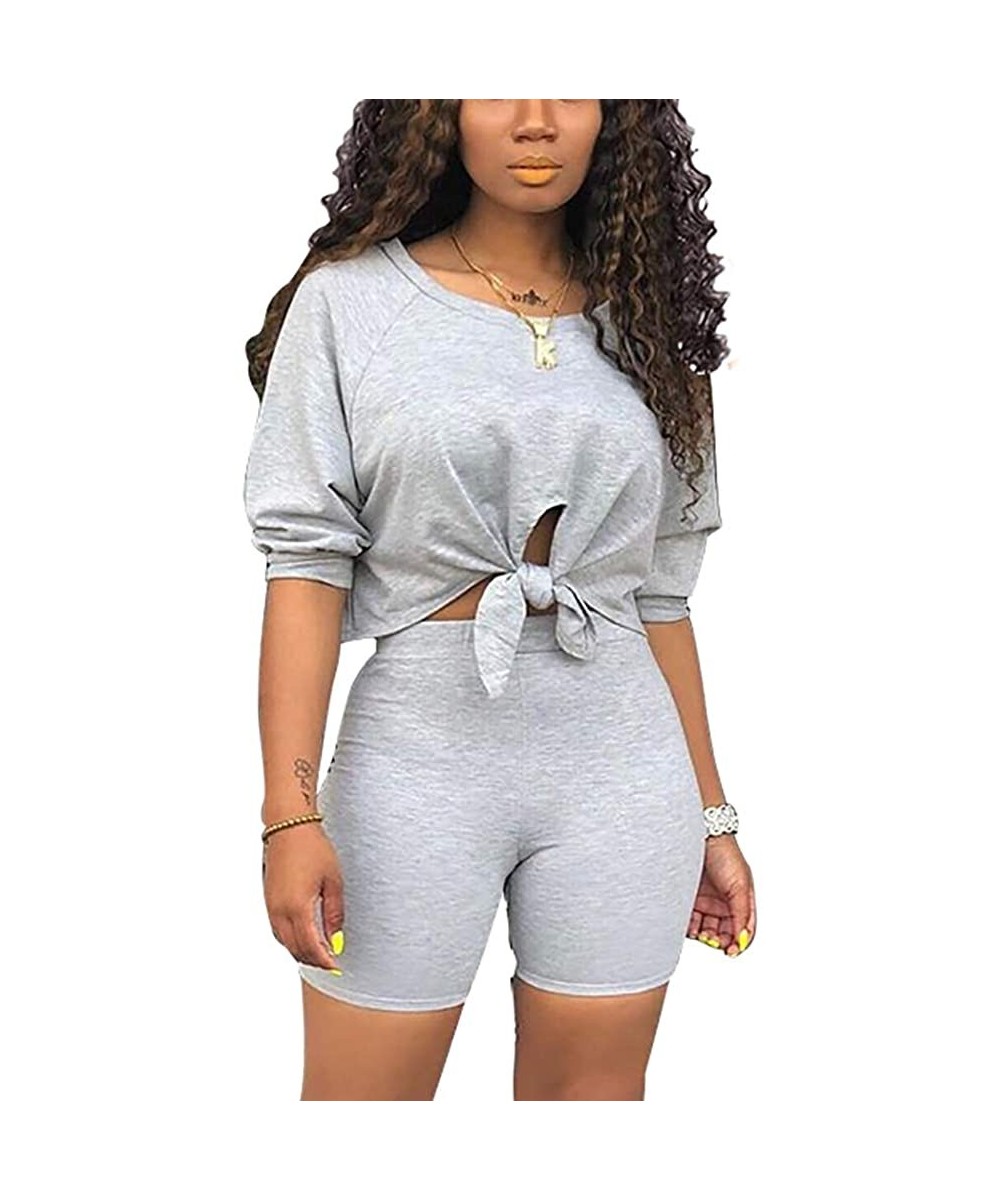 2 Piece Outfits for Women - Sexy Two Piece Sets Tie Front Crop Top + Skinny Pants Jumpsuits - Grey-1 - CF18UXNI3XS $27.72-Sets