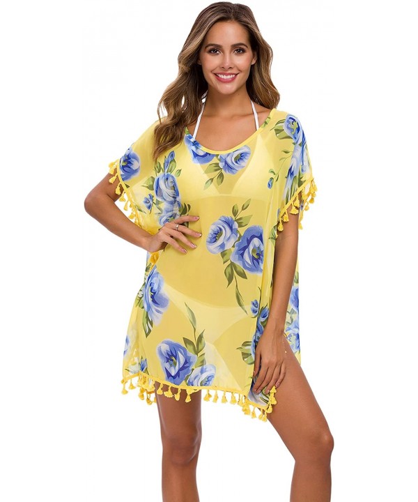 Women's Chiffon Swimsuit Beach Bathing Suit Cover Ups for Swimwear - Yellow Flower - CF192I9TN4H $14.28-Cover-Ups