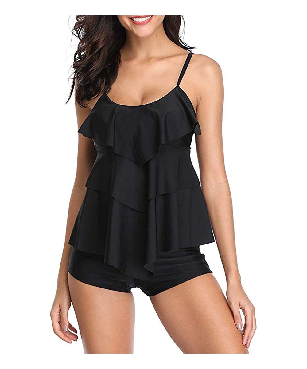 Tankini Swimsuits for Women Two Piece Swimsuit Flounce Printed Tummy Control Tankini with Boyshort Bathing Suits Black - CG19...