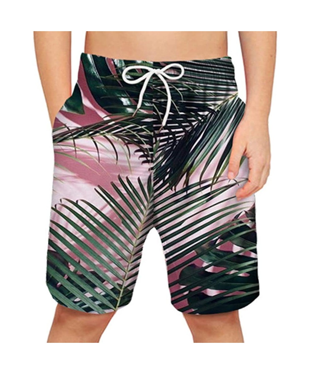 Men's Elastic Waist Tropical Print Swim Trunks Short Dad and Kid Leaf Graphic Drawstring Family Water Shorts - Pink - Kids - ...