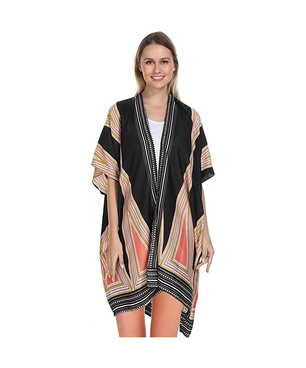 Women's Cardigan Fashion Print Kimonos-Beach Coverups-Swimsuit Cover Ups for Women - Black and Pink Contrast - CU193AIO3NR $1...