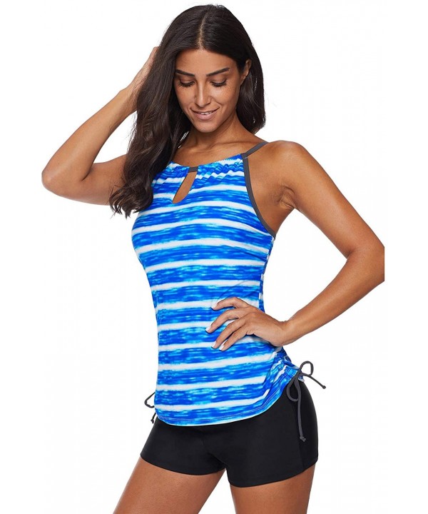 Women's Two Piece Printed Tie Side Tankini Tops Skirted Bottom Swimsuit Set(S-XXXL) - Blue Stripes - CJ18MG4OA9H $20.50-Tankinis