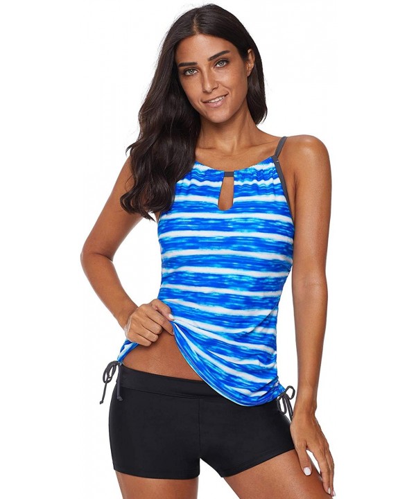 Women's Two Piece Printed Tie Side Tankini Tops Skirted Bottom Swimsuit Set(S-XXXL) - Blue Stripes - CJ18MG4OA9H $20.50-Tankinis