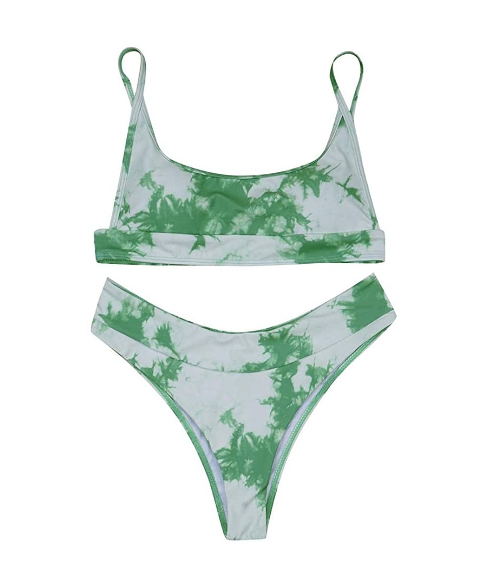 Women's Tie Dye Bikini Swimsuit Scoop Neck Push up Bikini Set Two Piece High Cut Swimwear Bathing Suits - Green - CW199TAX87R...