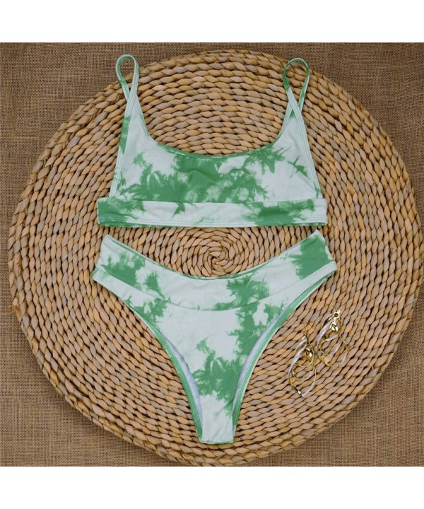 Women's Tie Dye Bikini Swimsuit Scoop Neck Push up Bikini Set Two Piece High Cut Swimwear Bathing Suits - Green - CW199TAX87R...